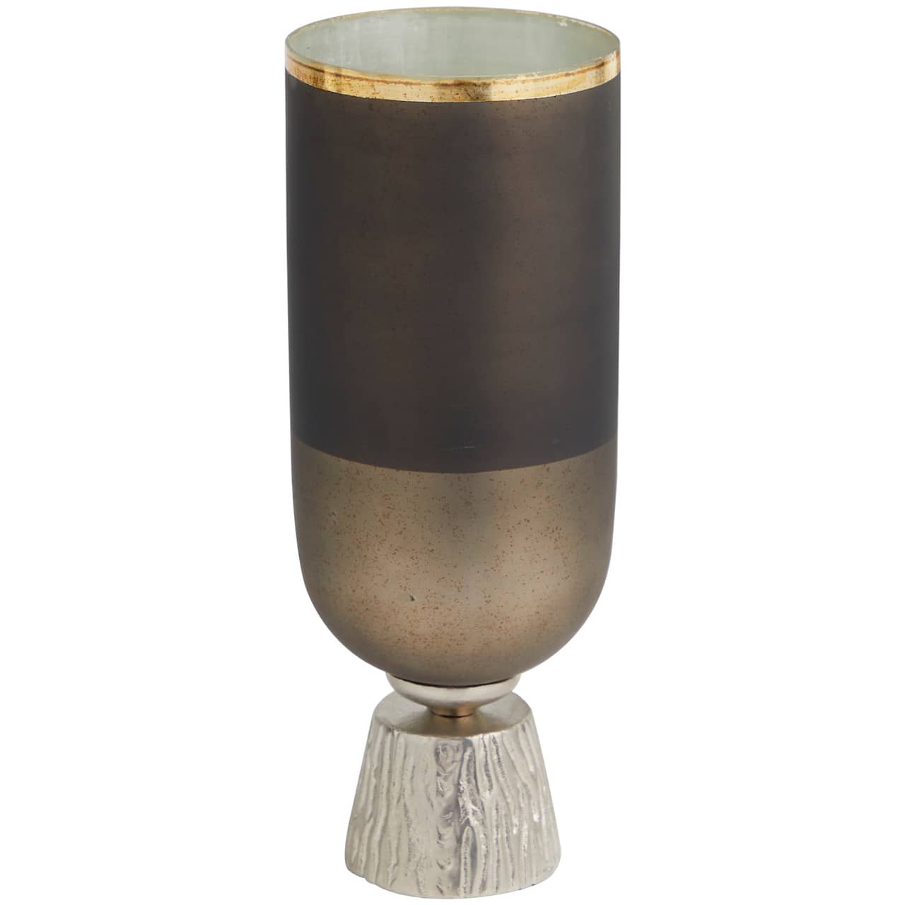 16" Bronze Glass Colorblock Candle Holder with Gold Accents & Textured Silver Base